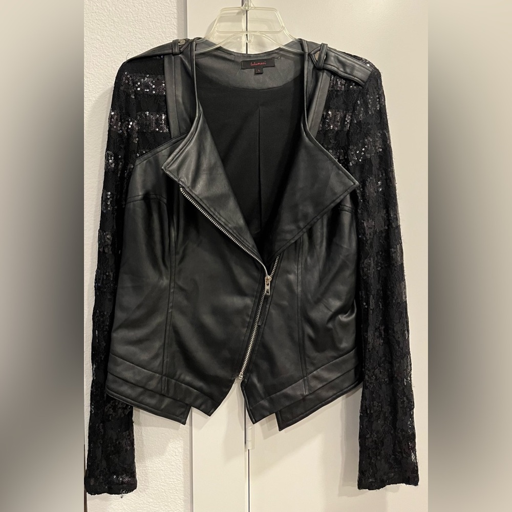 Stunning Lulumari Black Leather Jacket with Lace and Sequin Details